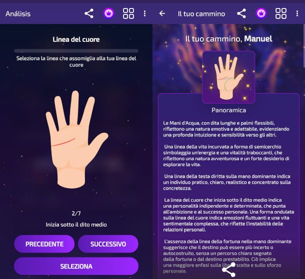 schermate app Chiromanzia