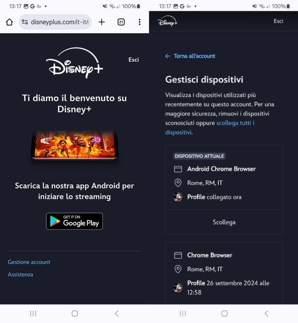 come eliminare dispositivi Disney Plus da smartphone