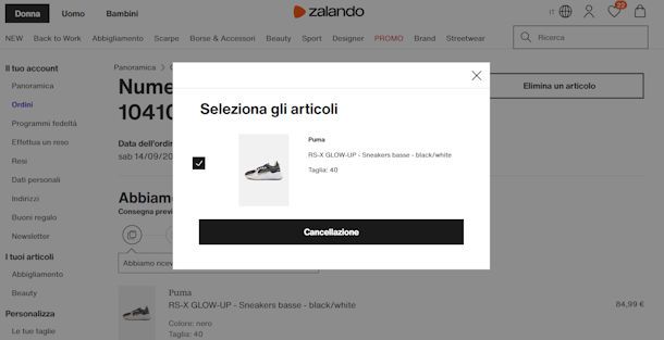 Eliminare ordine su Zalando