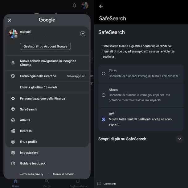 impostazioni SafeSearch Android