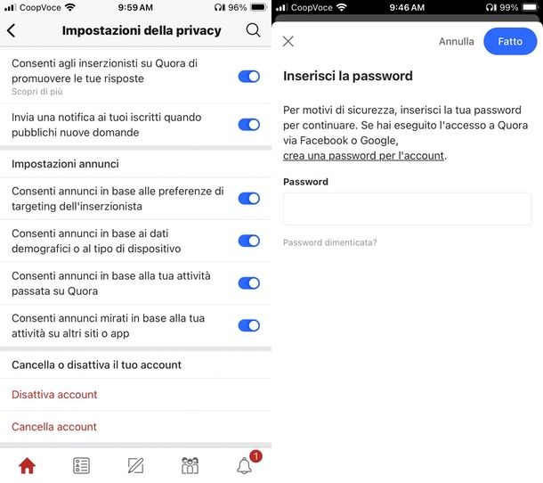 come cancellarsi da Quora da app