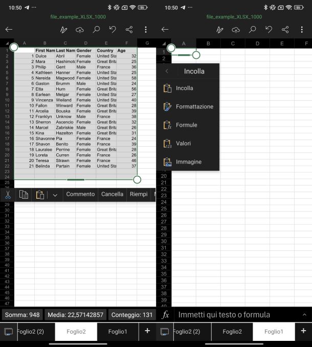 Copiare foglio Excel senza formule Android