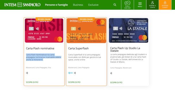 pagina sito Intesa Sanpaolo dedicata alle carte prepagate