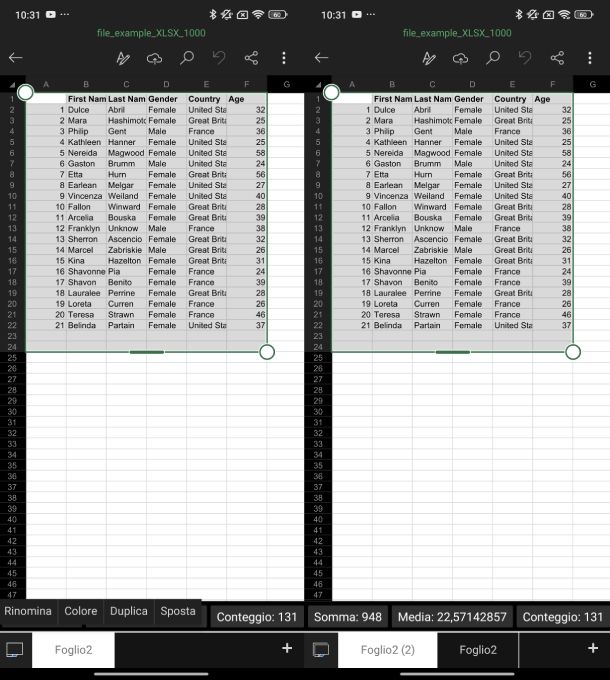 Copiare foglio Excel su altro foglio Excel Android