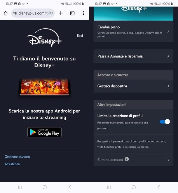 come eliminare account Disney Plus da smartphone