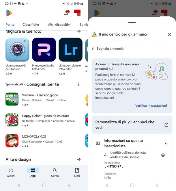 sezione il mio centro per gli annunci Play Store