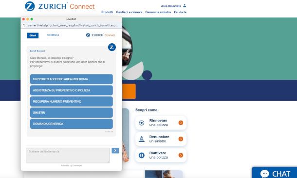 finestra di chat sito Zurich Connect