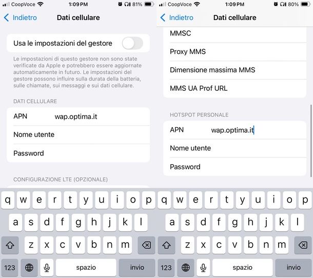 parametri APN Optima iPhone