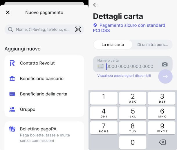 schermate app Revolut trasferimento denaro a beneficiario carta