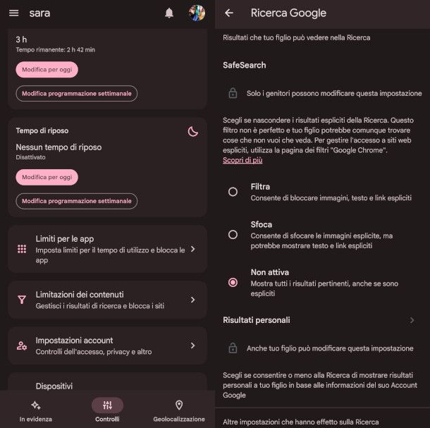 schermate impostazioni SafeSearch su app Family Link
