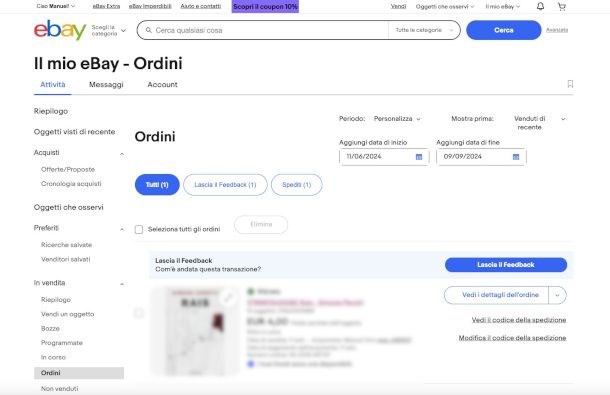 schermata ordini account eBay