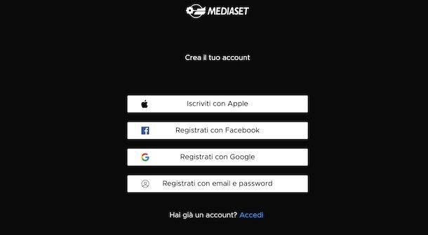 Creare nuovo account Mediaset