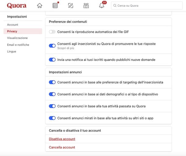 come disattivare Quora da PC