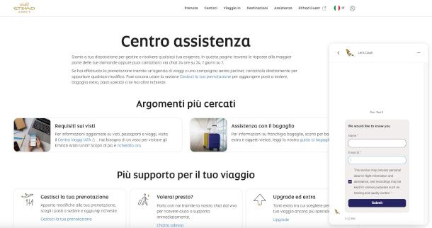 chat nel sito di Etihad Airways