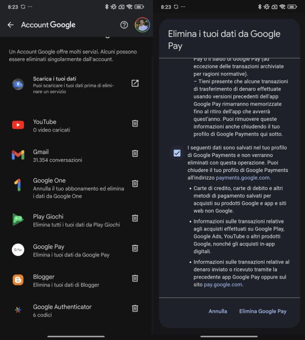 Rimozione tutti dati Google Pay