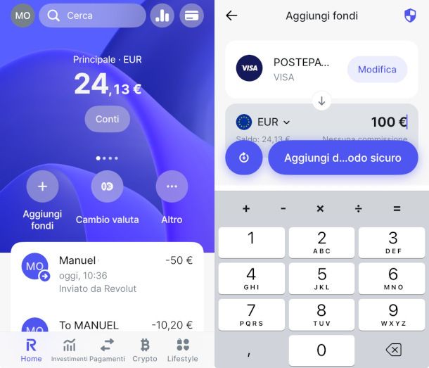 aggiunta fondi su conto revolut da carta Postepay