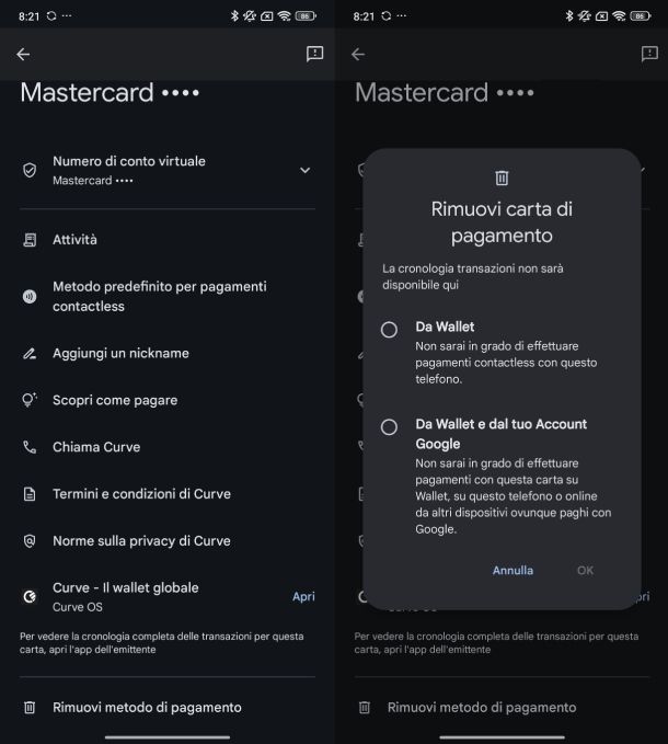 Rimozione metodo pagamento Google Wallet