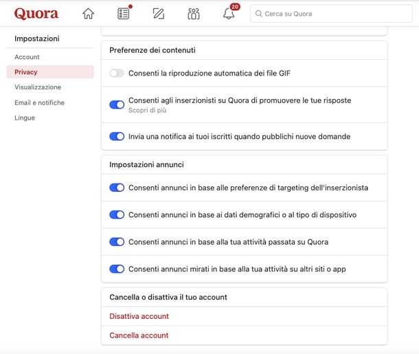 come cancellarsi da Quora da PC