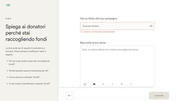 Personalizzare una raccolta su GoFundMe