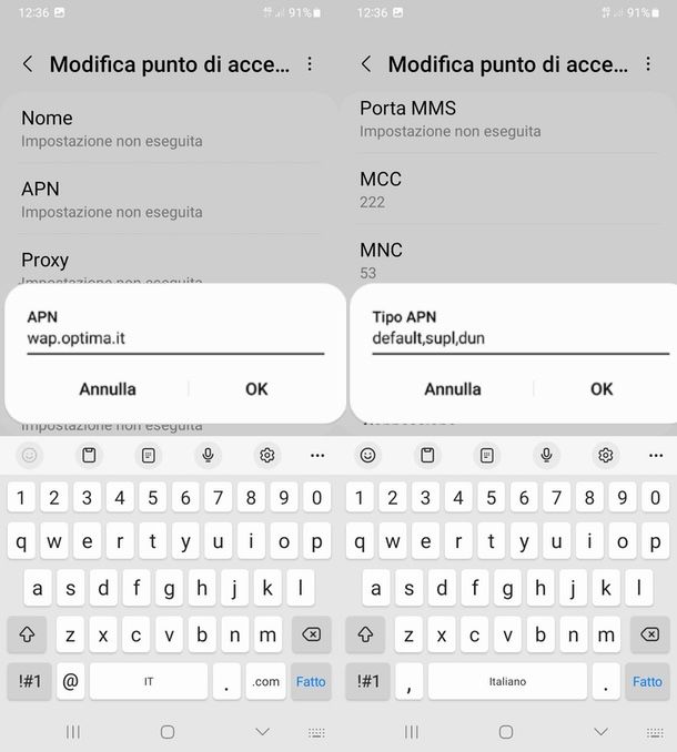 parametri APN Optima Android