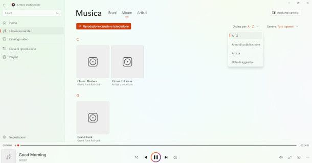 schermata lettore musicale Windows