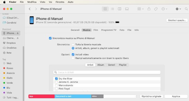 interfaccia Finder per sincronizzazione musica su un dispositivo Apple