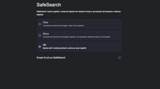 schermata impostazioni SafeSearch su Web