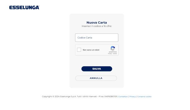 aggiunta carta prepagata Esselunga sul sito nell'area personale
