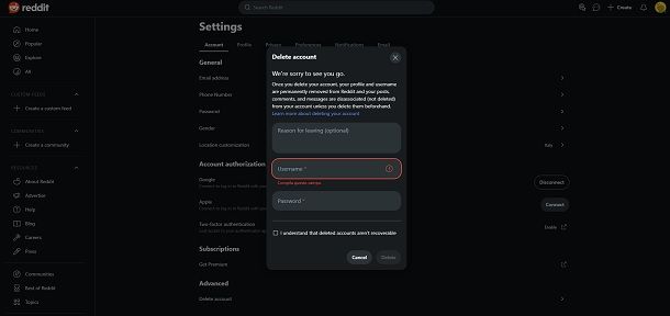 Come eliminare account Reddit