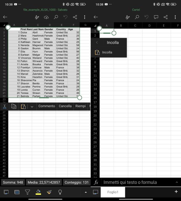 Copiare foglio Excel su altro file Excel Android