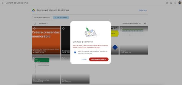 cancellazione dal cestino di Google Drive da Web