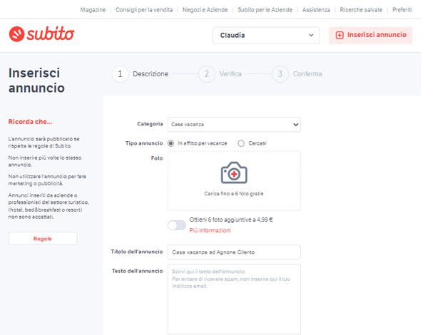 Inserimento annuncio casa vacanze su Subito