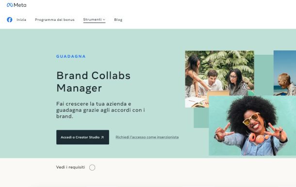 schermata sito Brands Collabs Manager di Meta