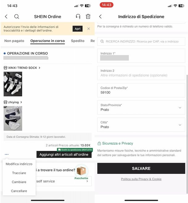 Modificare indirizzo ordine SHEIN