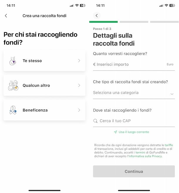 Creare raccolta GoFundMe da app