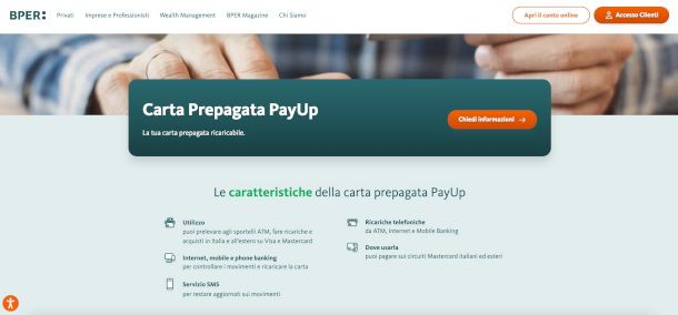 pagina sito BPER dedicata alla carta PayUp