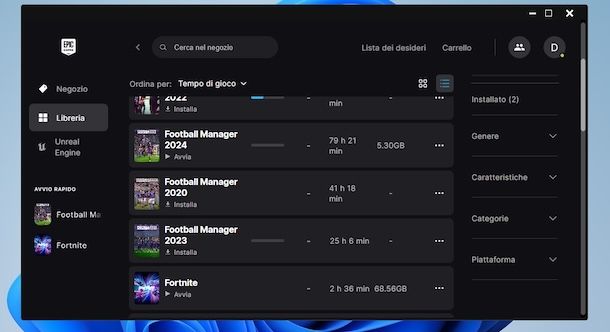 Vedere le ore di gioco su Epic Games