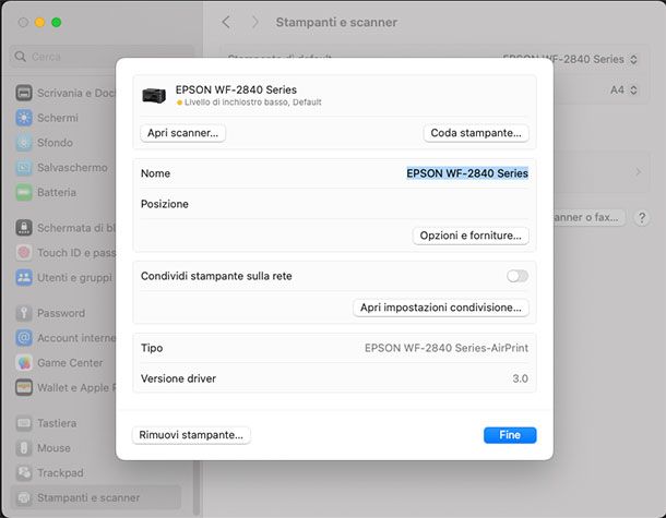 Come resettare stampante Epson via software Mac