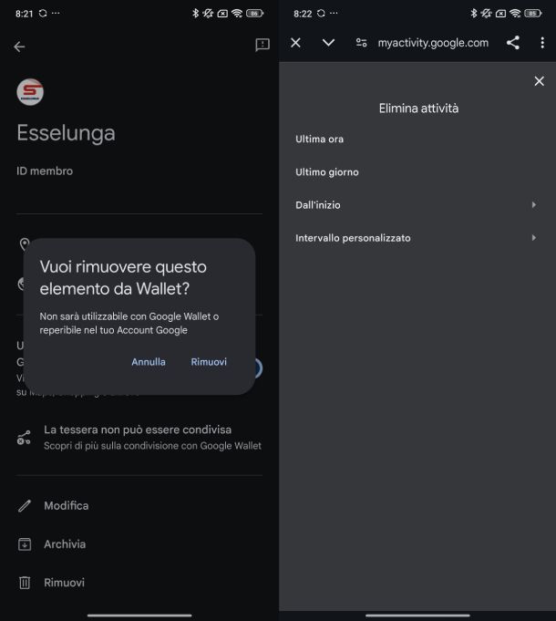 Rimozione tessere attività Google Pay