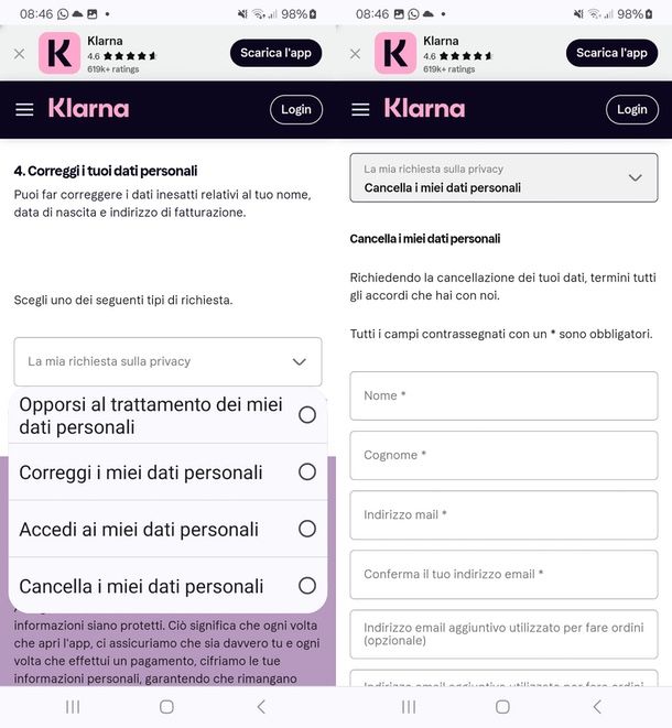 come eliminare account Klarna da smartphone