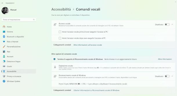 disattivazione accesso vocale Windows 11