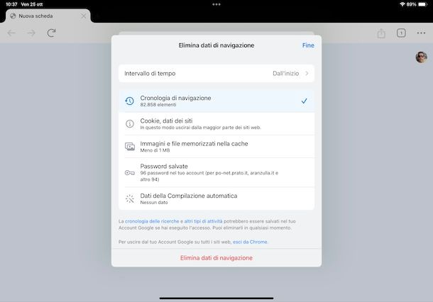 Cancellare cronologia Chrome su iPad
