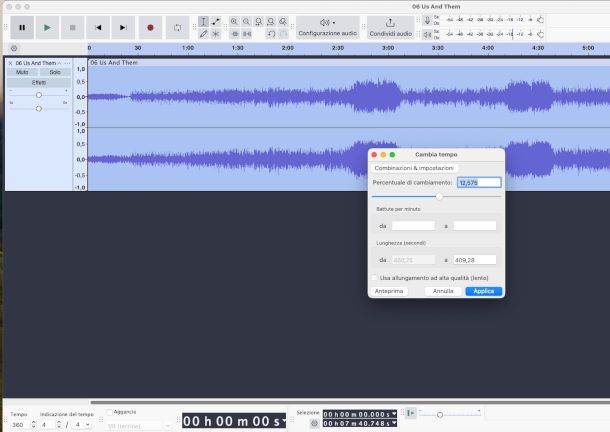 modifica BPM su Audacity