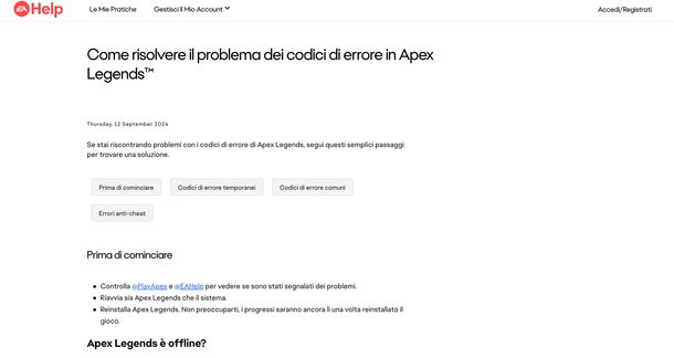 Codici errore Apex Legend