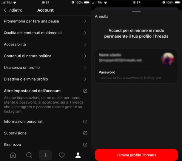 Come cancellarsi da Threads da smartphone