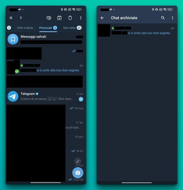 Nascondere chat segreta Telegram Android