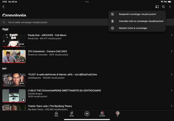 Eliminare cronologia YouTube da iPad