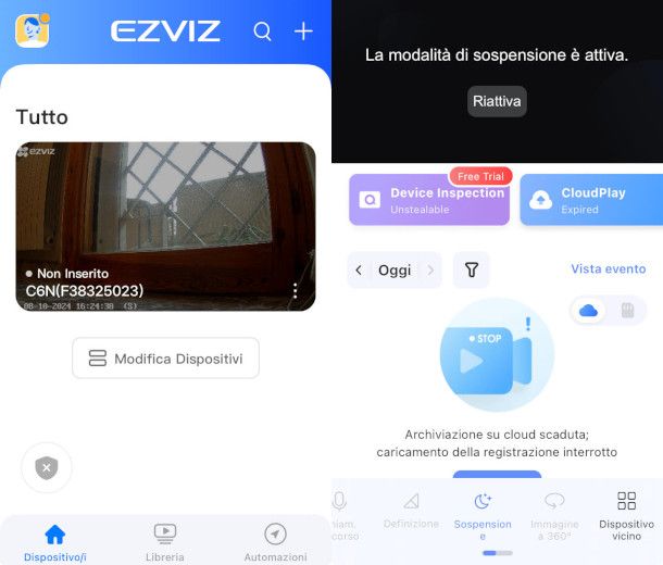 funzione sospensione app Ezviz