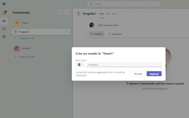 creazione di un canale su app Teams per PC