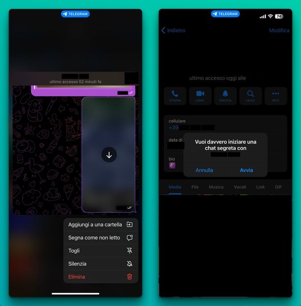 Chat segreta Nascondere notifiche Telegram iPhone